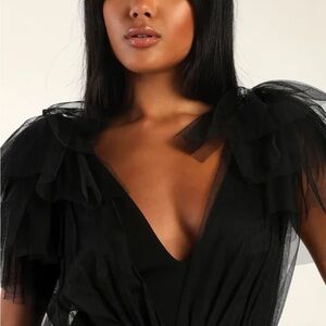 Lulus Fabulous Fun Black Tulle Flutter Sleeve Mermaid Maxi Dress